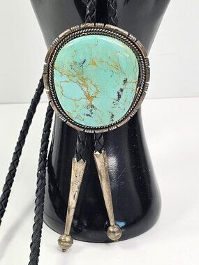 Navajo Sterling Silver Bolo Tie Large Turquoise Stone Southwest Western 47g